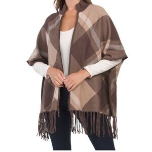 NWT Rachel Zoe Navy/Tan/Burnt Orange Plaid Poncho with Fringe